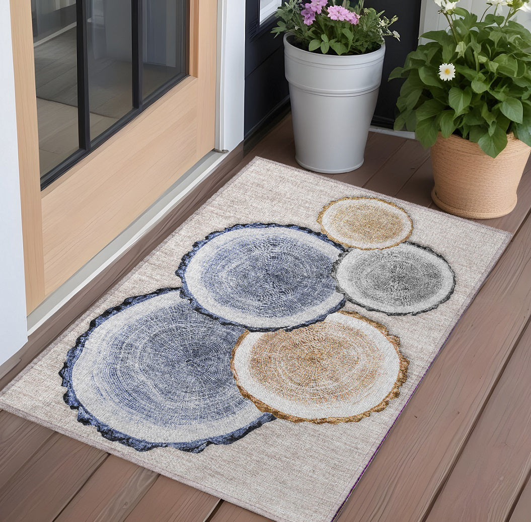 2' X 3' Beige Blue And Gold Faux Bois Washable Non Skid Indoor Outdoor Area Rug