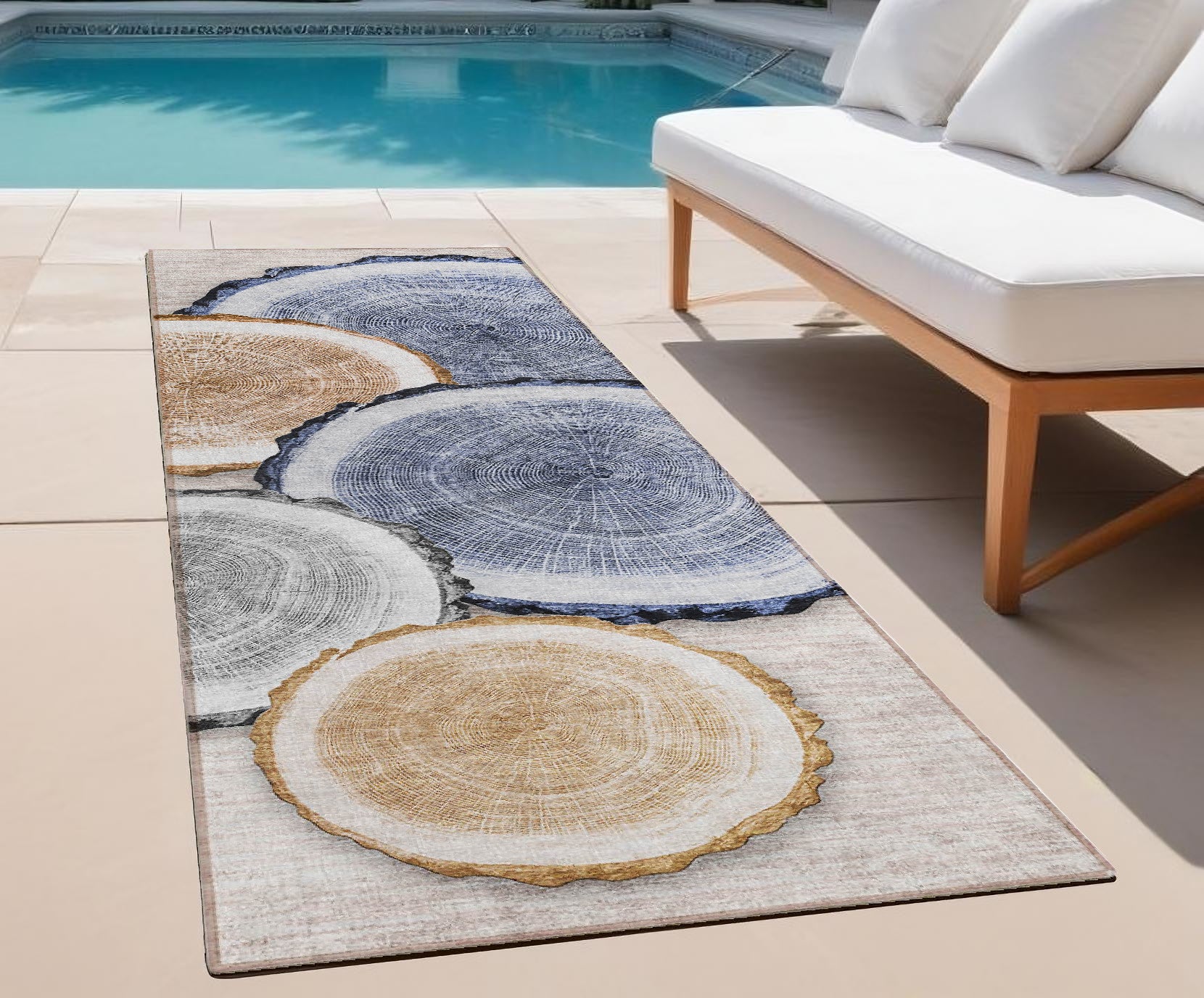 8' Runner Beige Blue And Gold Faux Bois Washable Non Skid Indoor Outdoor Runner Rug