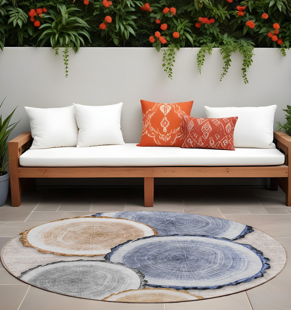 8' Round Beige Blue And Gold Round Faux Bois Washable Non Skid Indoor Outdoor Area Rug