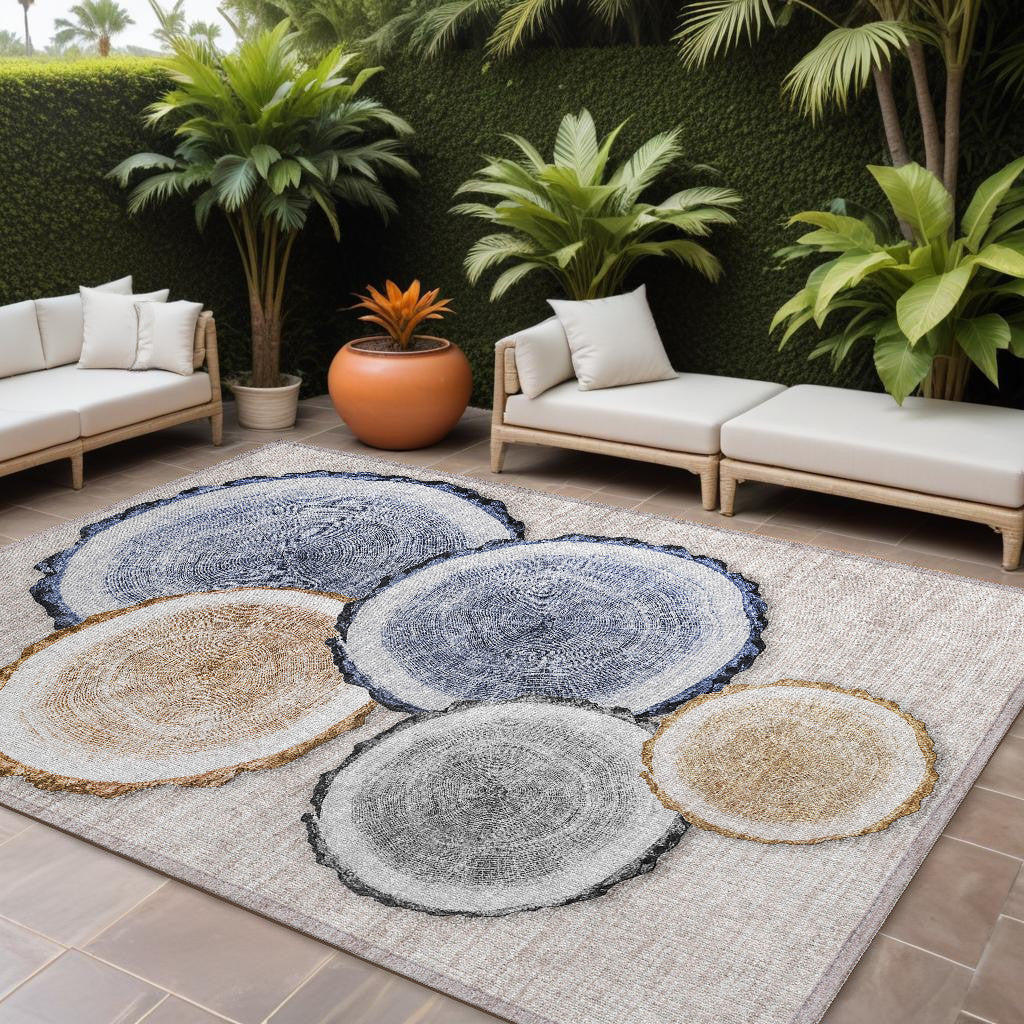 10' X 14' Beige Blue And Gold Faux Bois Washable Non Skid Indoor Outdoor Area Rug