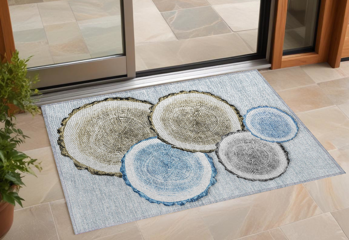 3' X 5' Blue Gold And Gray Faux Bois Washable Non Skid Indoor Outdoor Area Rug