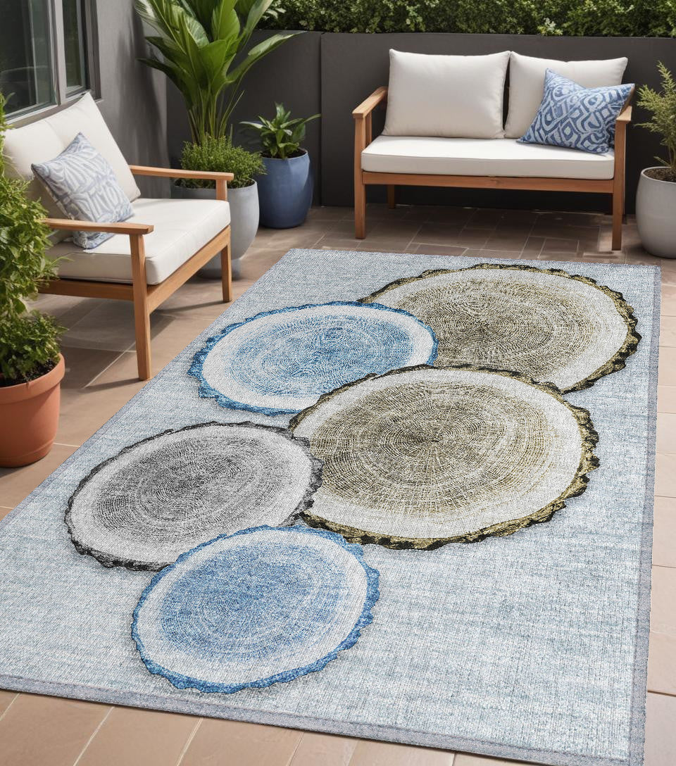 5' X 8' Blue Gold And Gray Faux Bois Washable Non Skid Indoor Outdoor Area Rug