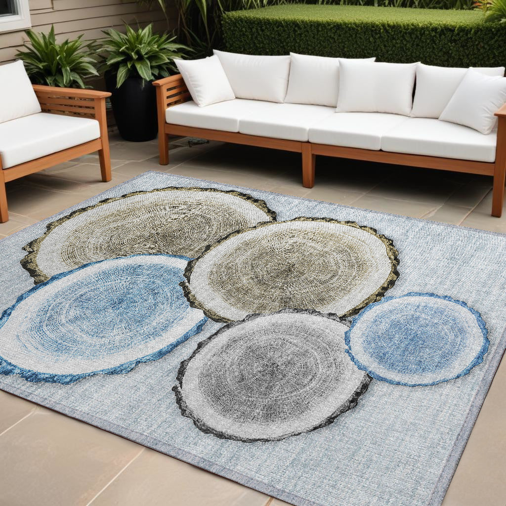 10' X 14' Blue Gold And Gray Faux Bois Washable Non Skid Indoor Outdoor Area Rug