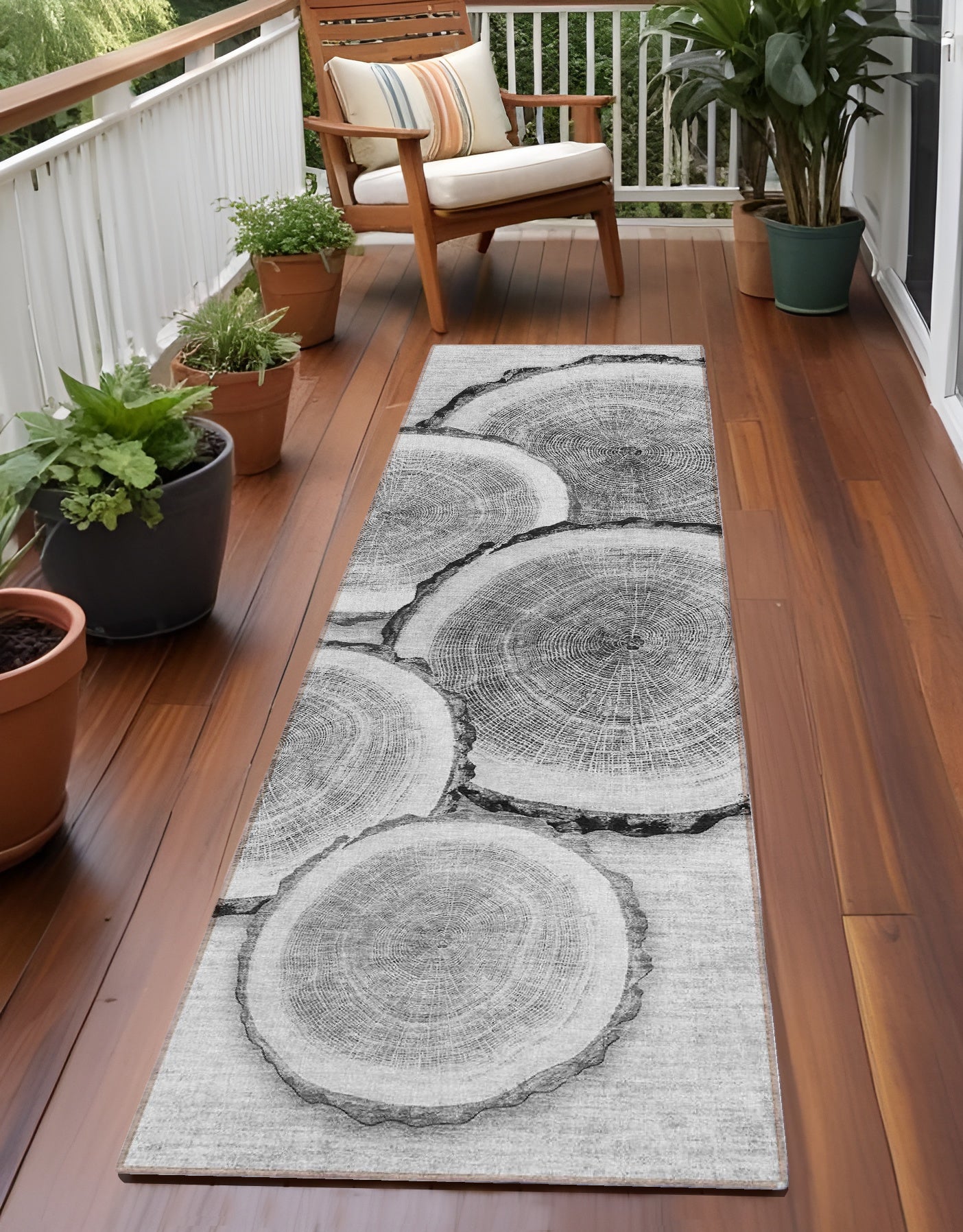 8' Runner Gray And Black Faux Bois Washable Non Skid Indoor Outdoor Runner Rug