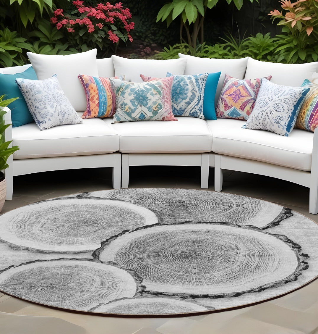 8' Round Gray And Black Round Faux Bois Washable Non Skid Indoor Outdoor Area Rug