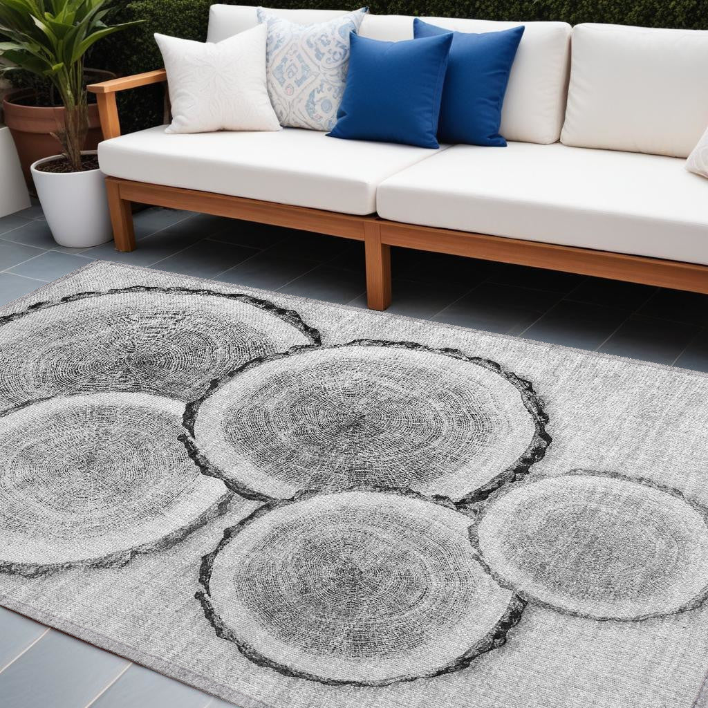 10' X 14' Gray And Black Faux Bois Washable Non Skid Indoor Outdoor Area Rug