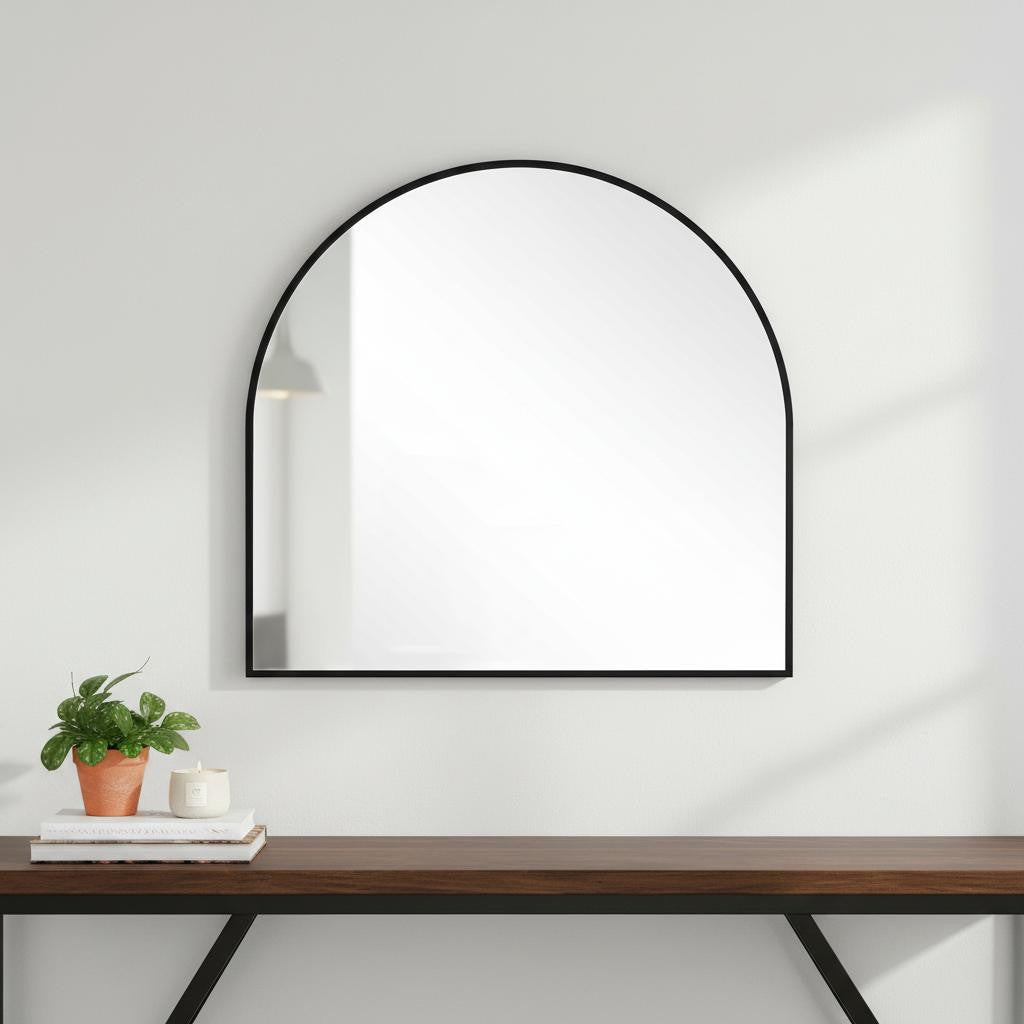29 Inch Black Metal Arch Framed Accent Mirror