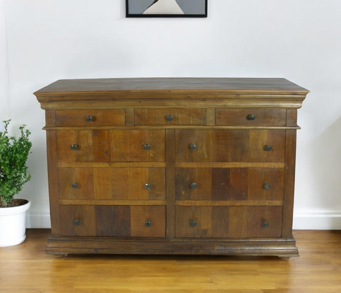 60'' Brown Reclaimed Wood Nine Drawer Double Dresser