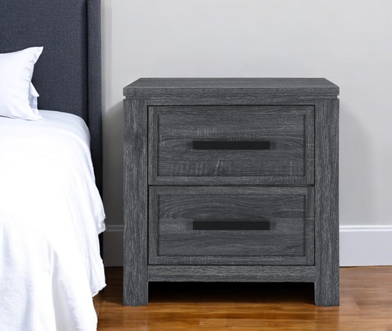 25'' Dark Gray Solid and Manufactured Wood Distressed Two Drawer Nightstand