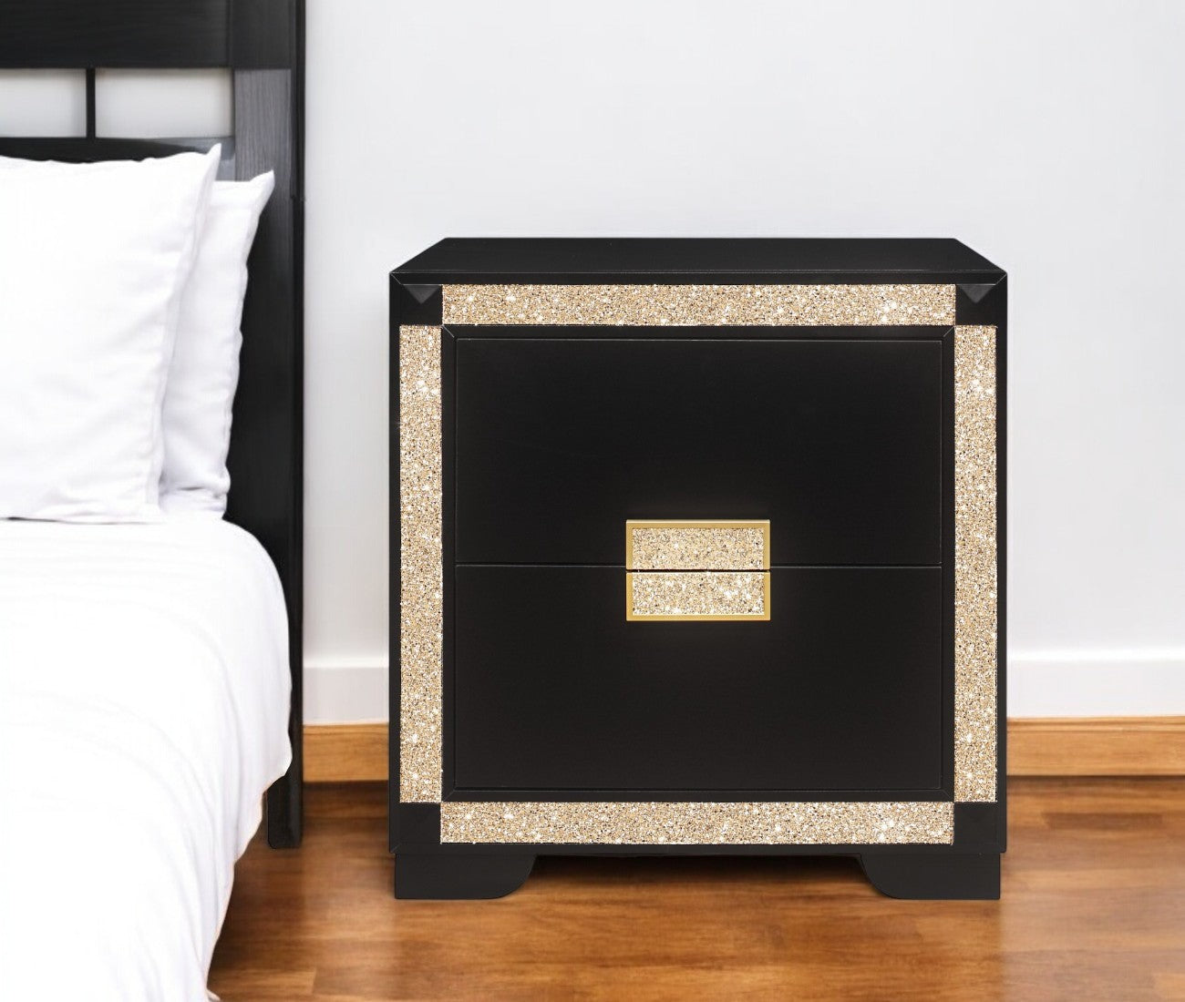 26'' Black and Gold Two Drawer Faux Crystal Bling Wood Nightstand