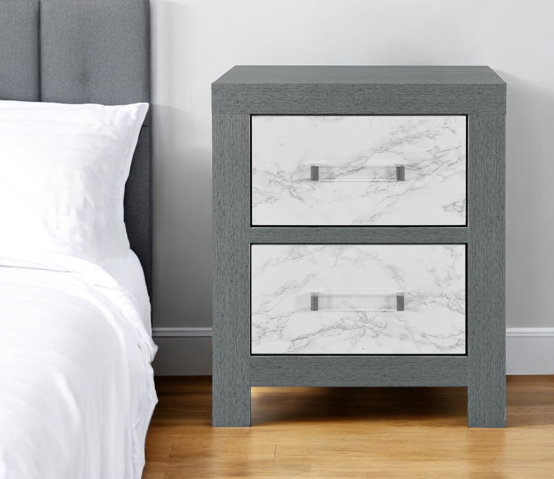 22'' Gray and White Two Drawer Wood and Faux Marble Nightstand