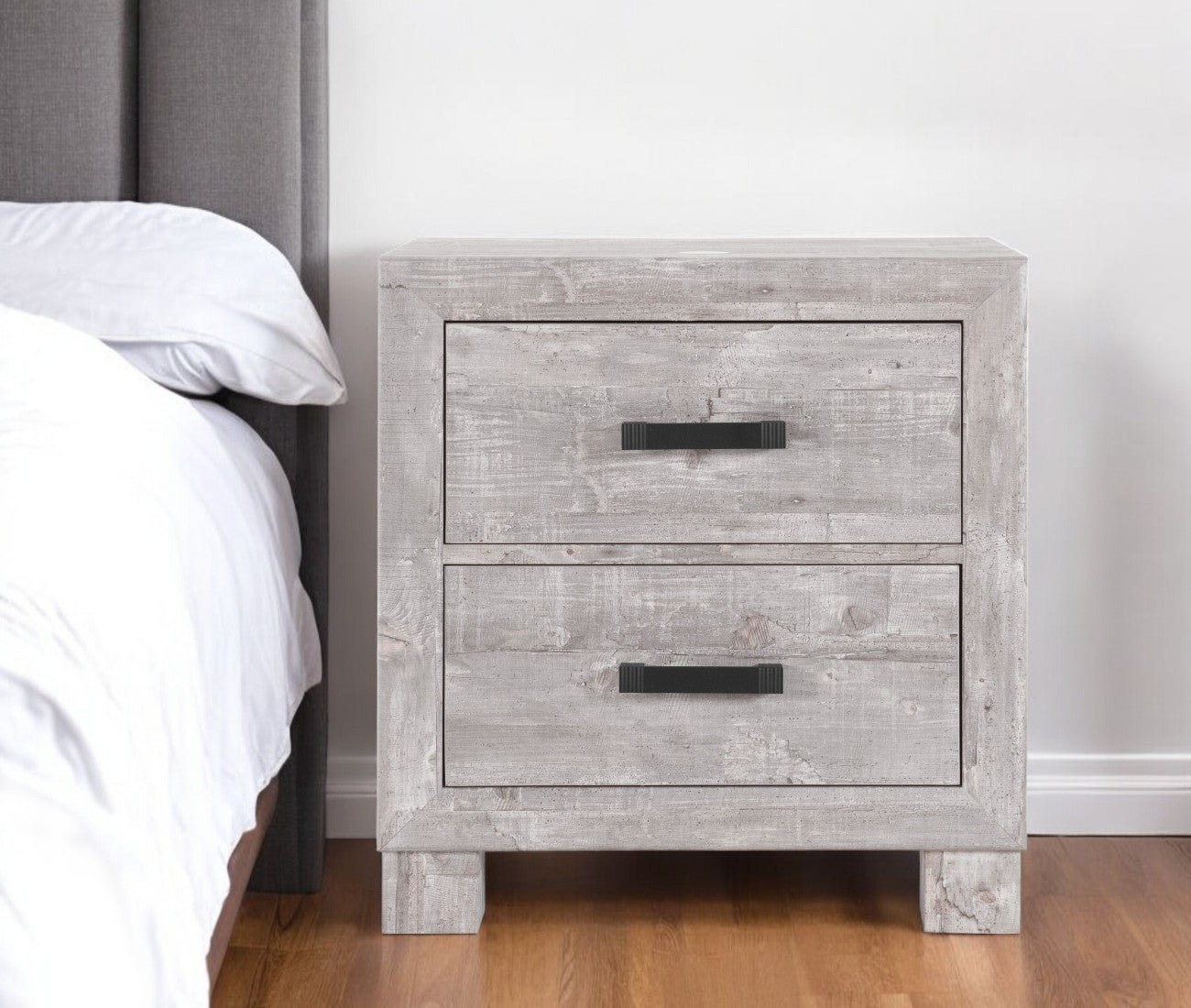 24'' Gray Two Drawer Distressed Wood Nightstand