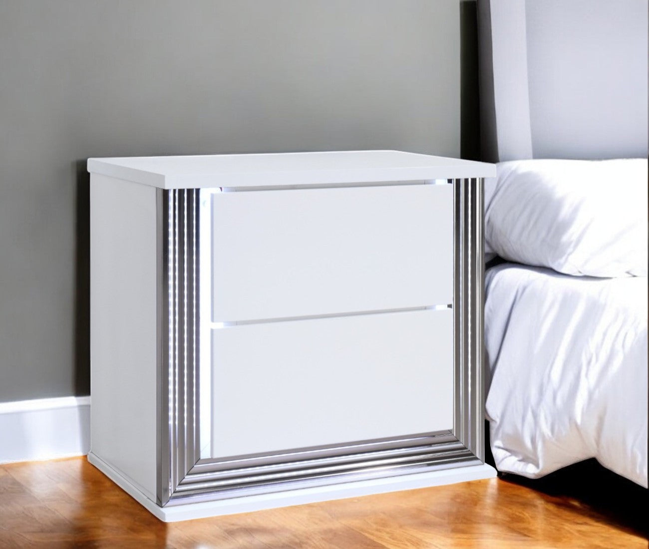 25'' White Solid and Manufactured Wood Lighted Two Drawer Nightstand