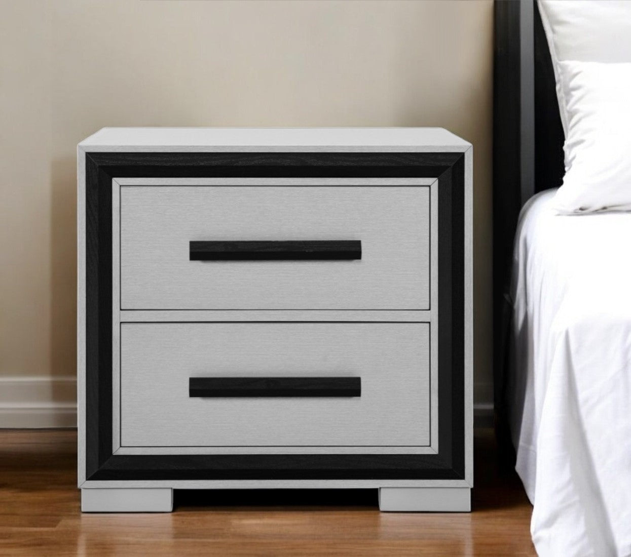25'' Gray and Black Two Drawer Wood Nightstand