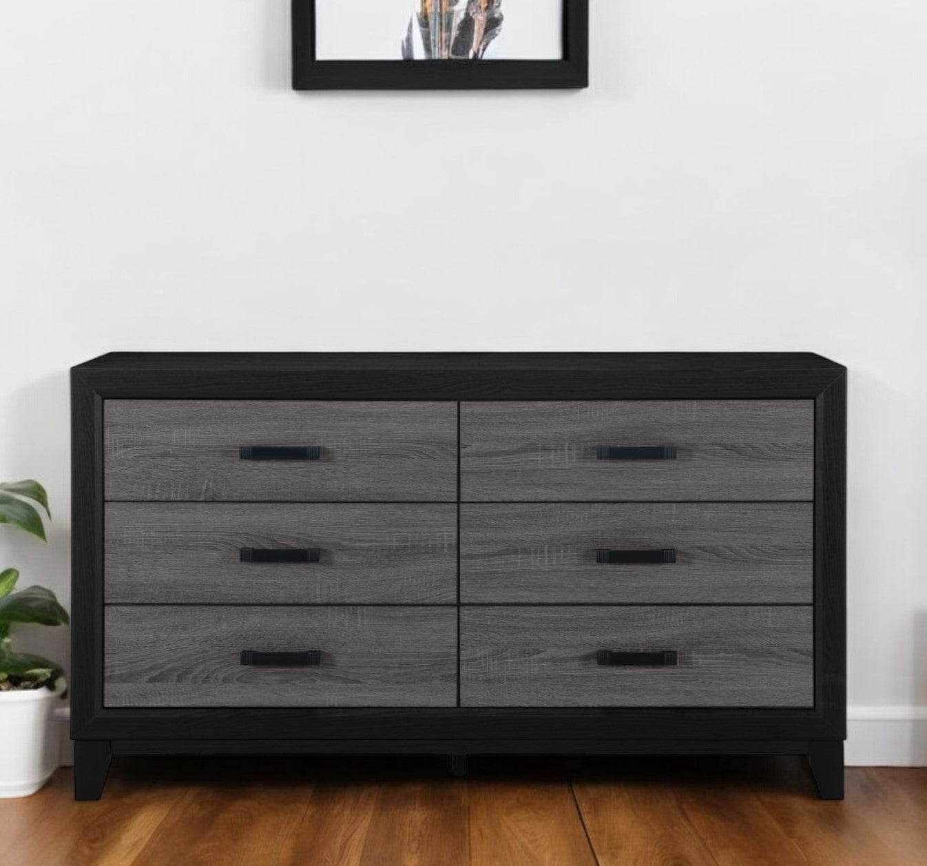 58'' Black And Gray Wood Six Drawer Double Dresser