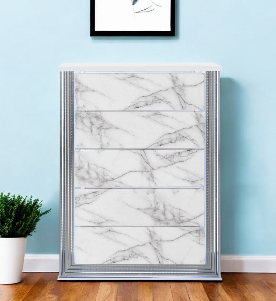 49'' Silver And White Wood Faux Marble Lighted Five Drawer Dresser