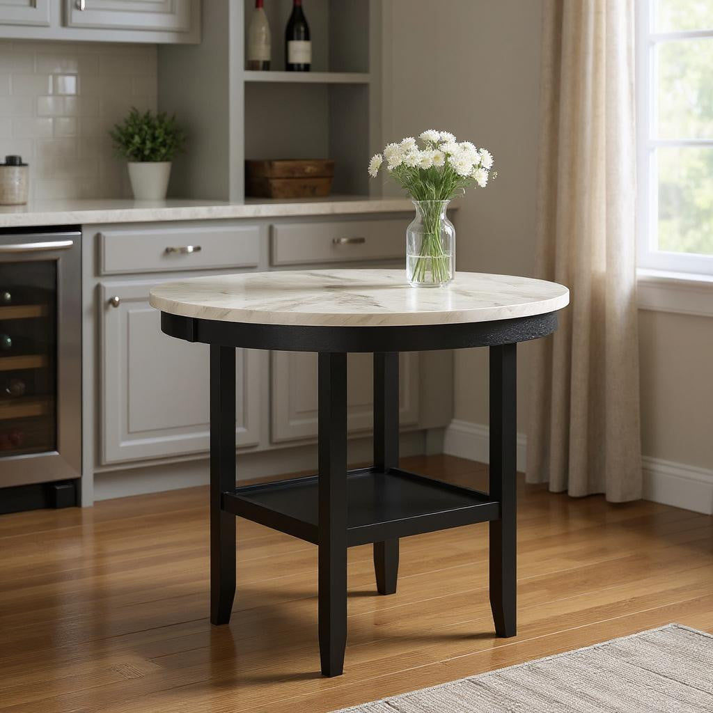 42 White and Black Wood And Faux Marble Round Counter Height Bar Table