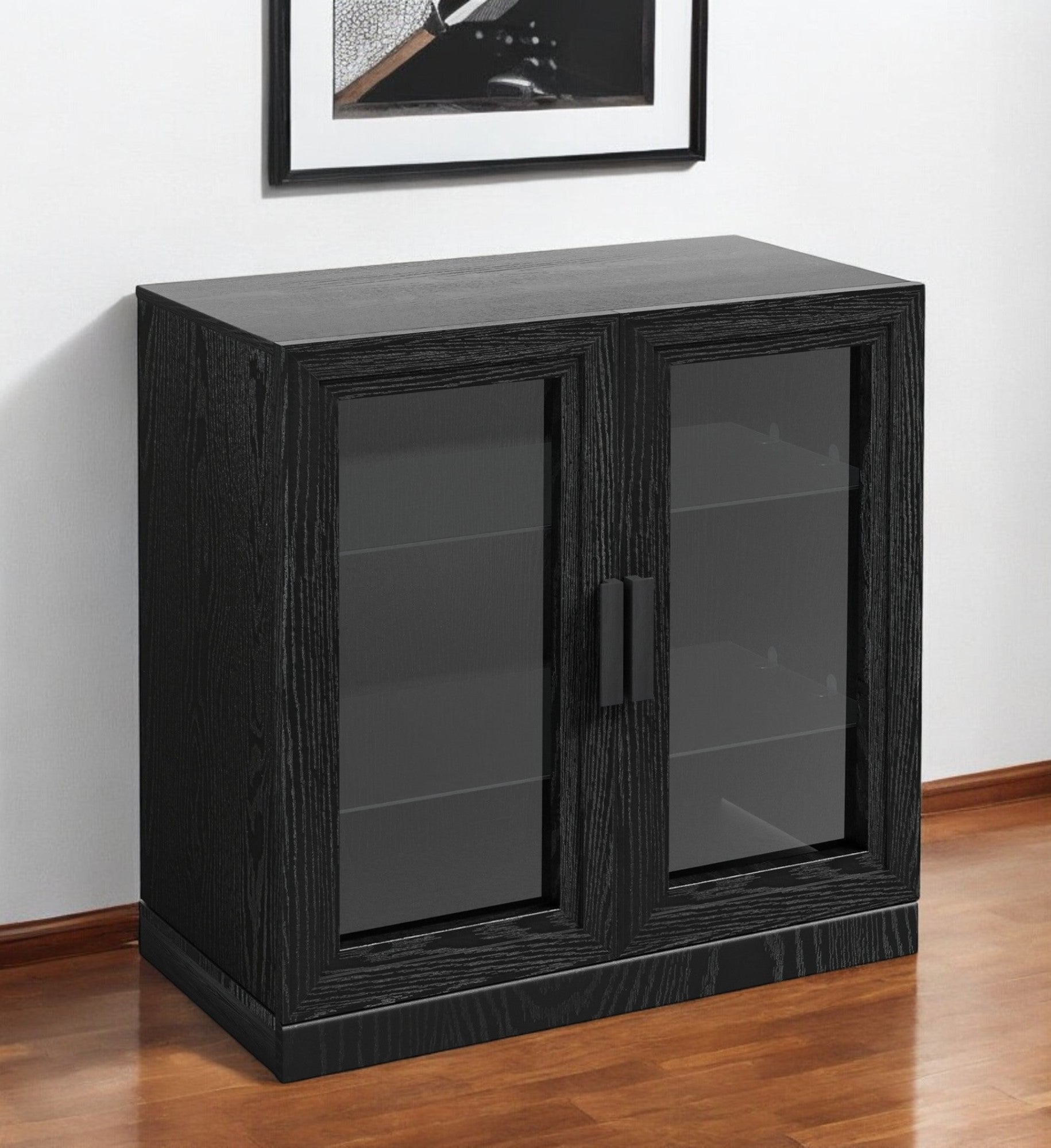 31'' Black And Clear Glass Door Accent Cabinet With Three Shelves