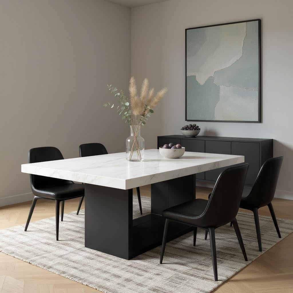 70 White and Black Faux Marble and Wood Pedestal Base Dining Table