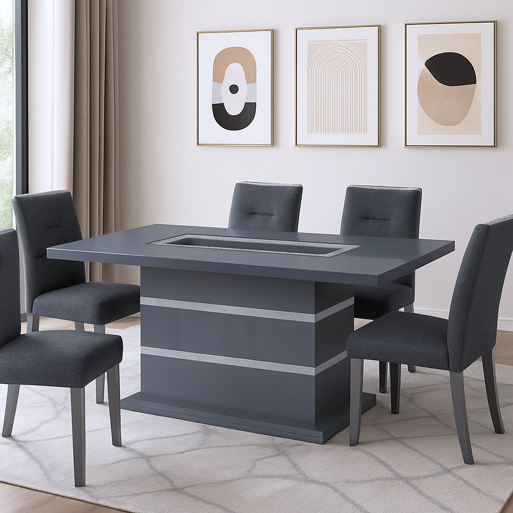 79 Dark Gray Faux Crystals Glass and Wood Pedestal Base Dining Table