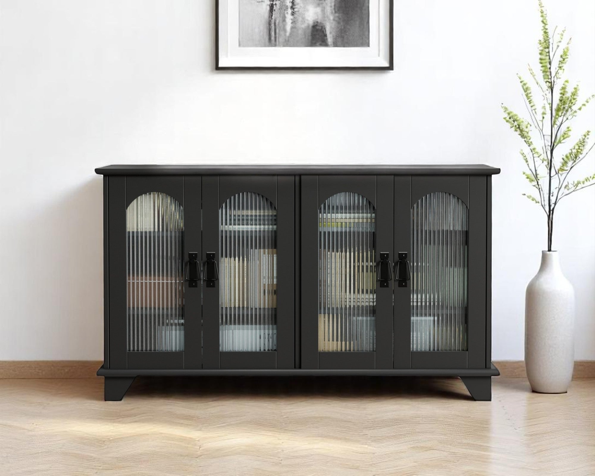 45'' Black Glass And Wood Enclosed Storage TV Stand