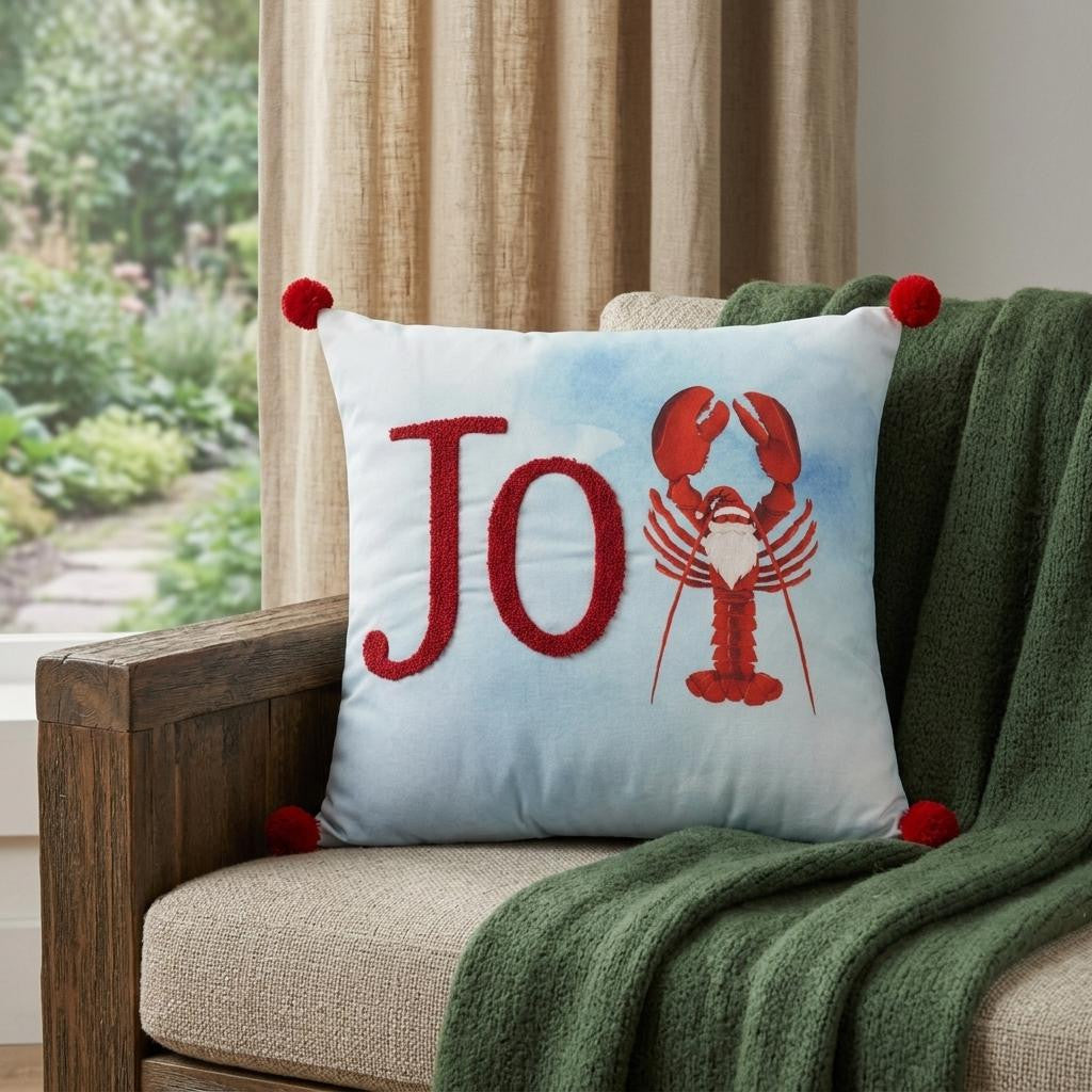 18 Blue White And Red Lobster Joy Throw Pillow with Embroidery