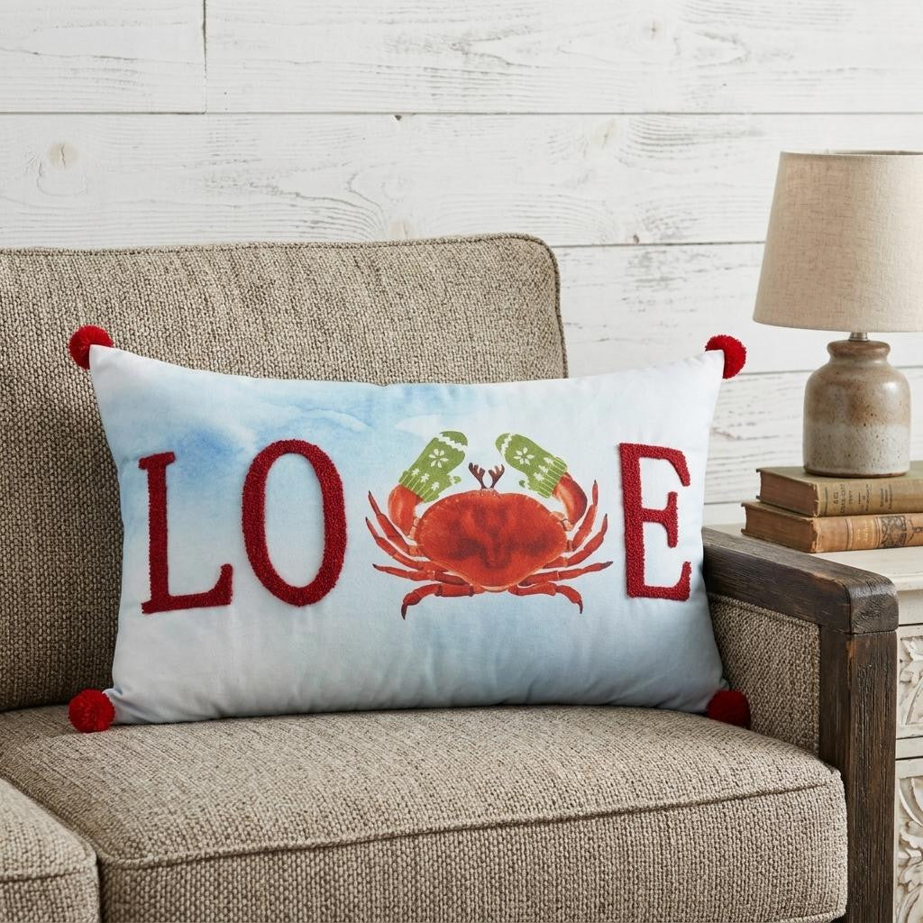 14 X 22 Blue White And Red Crab Love Throw Pillow with Embroidery