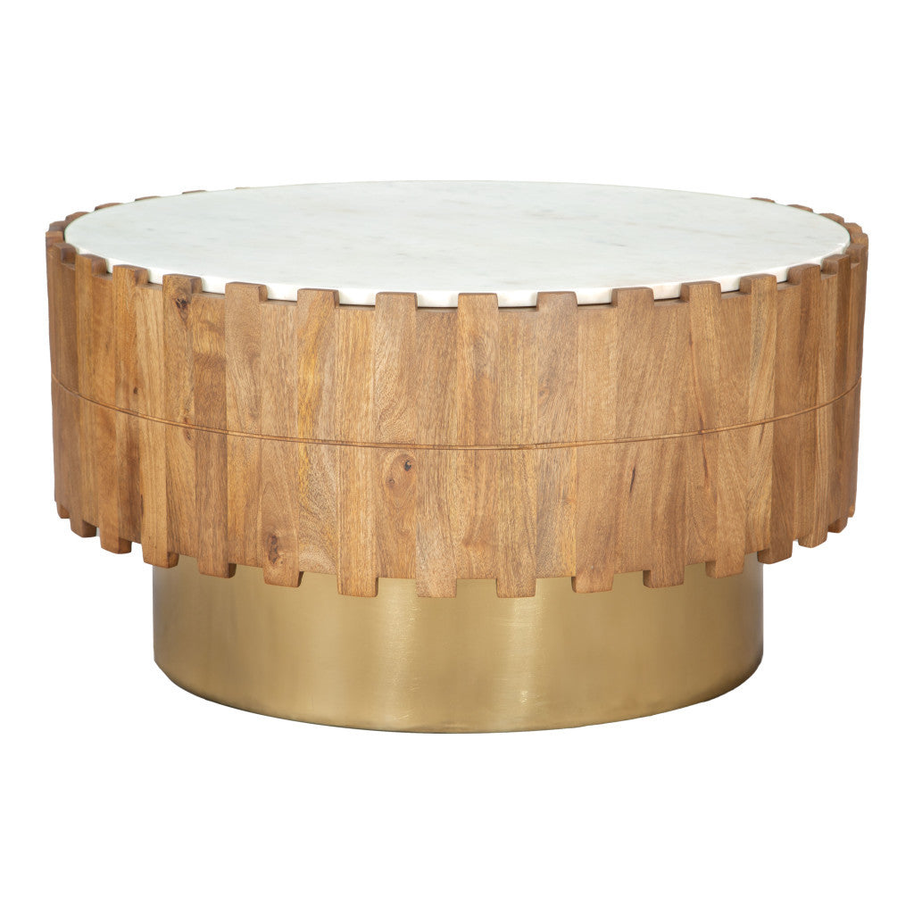 31'' Gold Natural And White Iron Wood And Faux Marble Round Block Coffee Table