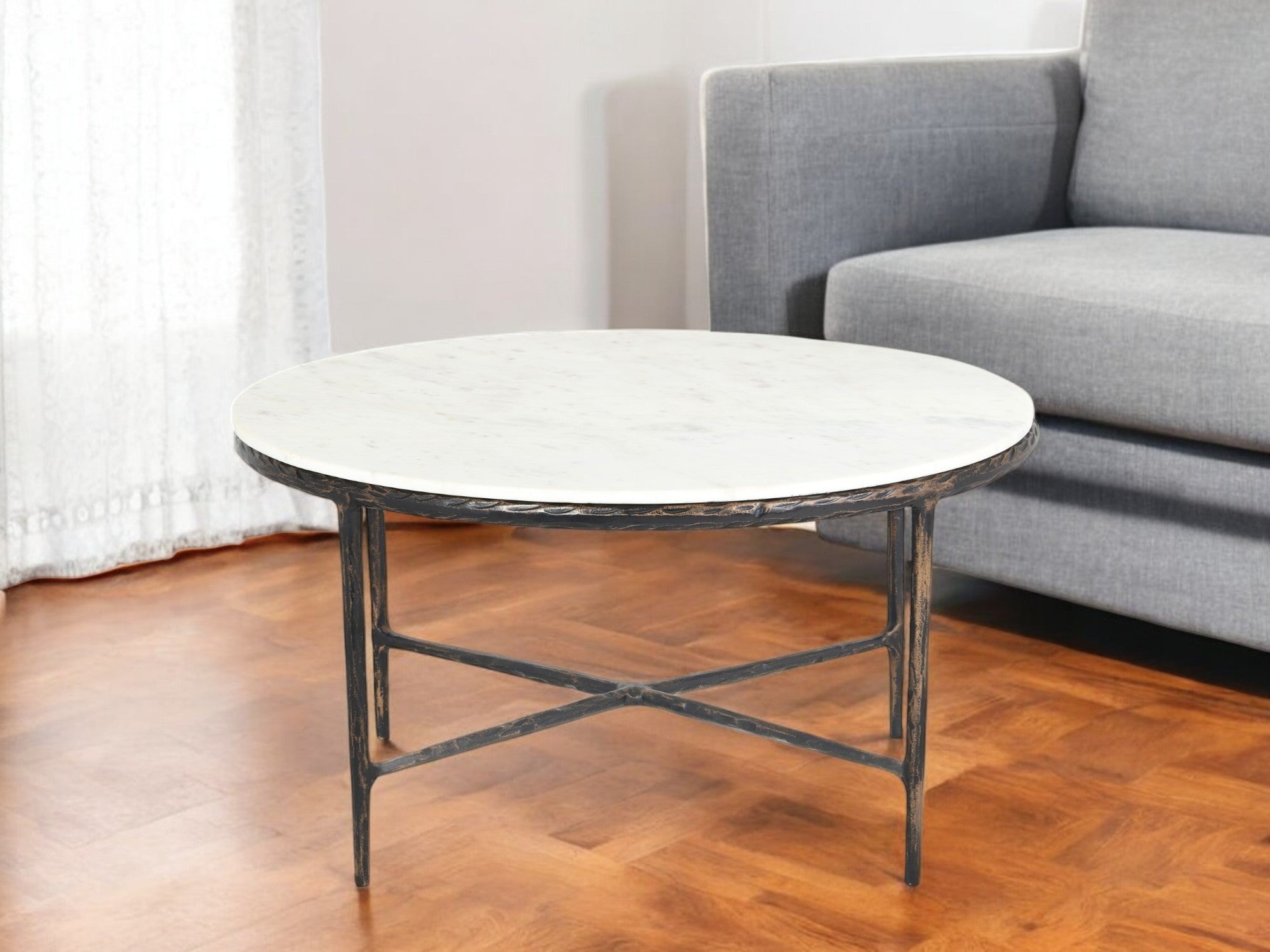 36'' White And Brown Genuine Marble And Aluminum Round Coffee Table