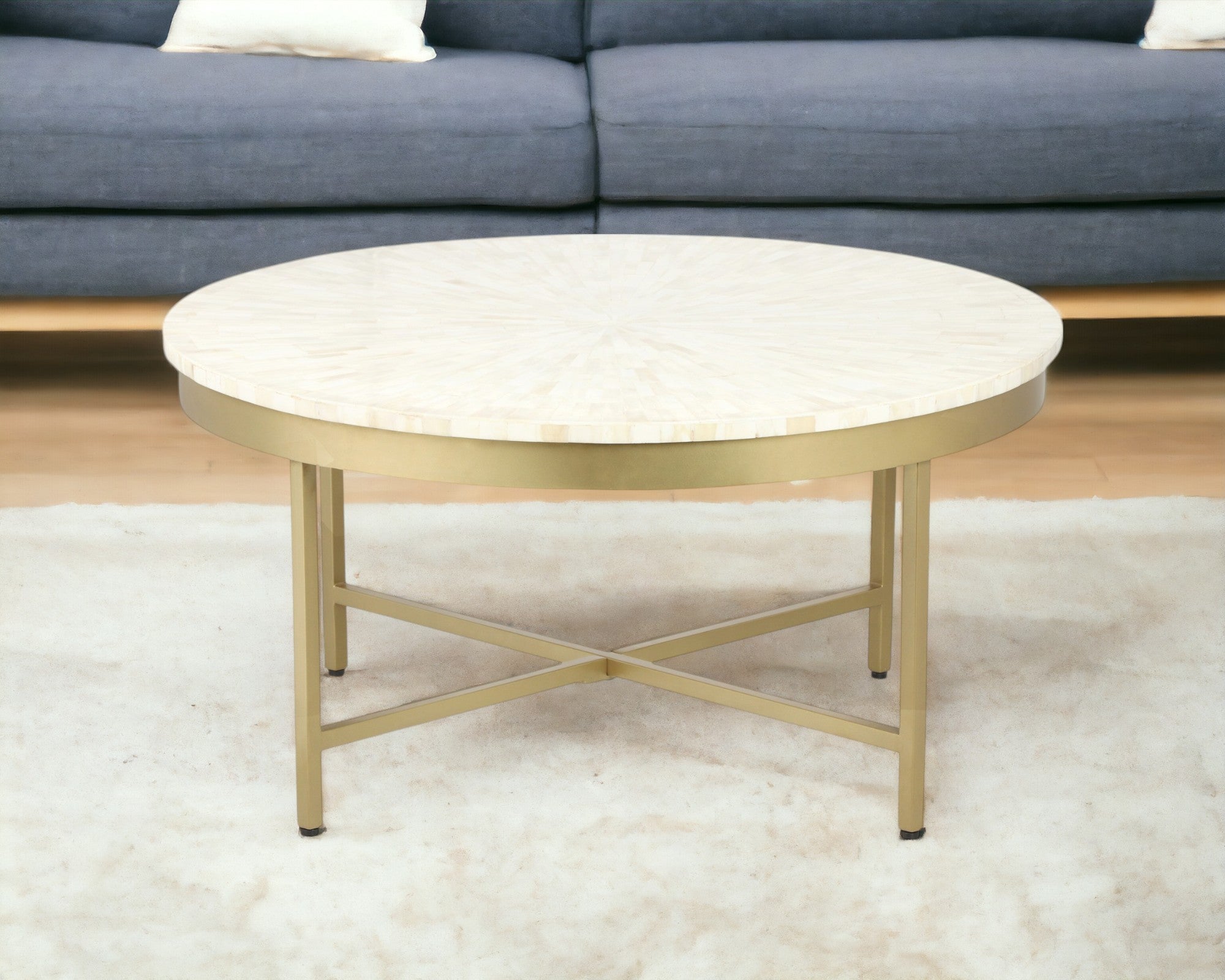 18'' Ivory And Gold Wood And Steel Round Coffee Table