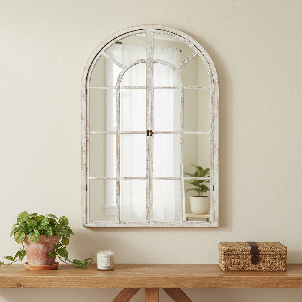 36 White Solid Wood Arch Framed Accent Mirror
