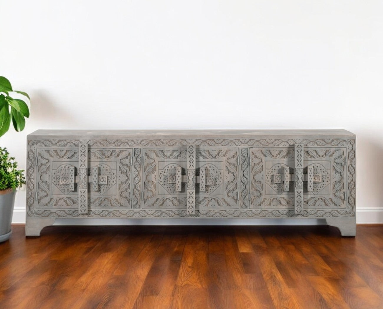 79'' Gray Carved Scrollwork Distressed Solid Wood Enclosed Storage TV Stand