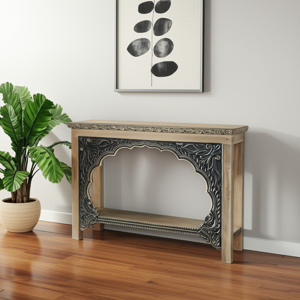 56 Natural and Black Solid Wood Distressed Console Table With Shelf