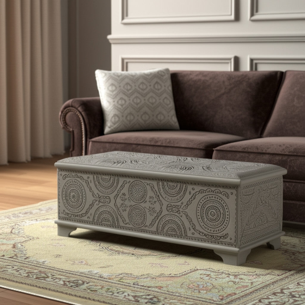54'' Gray Carved Geo Scroll Solid Wood Storage Ottoman