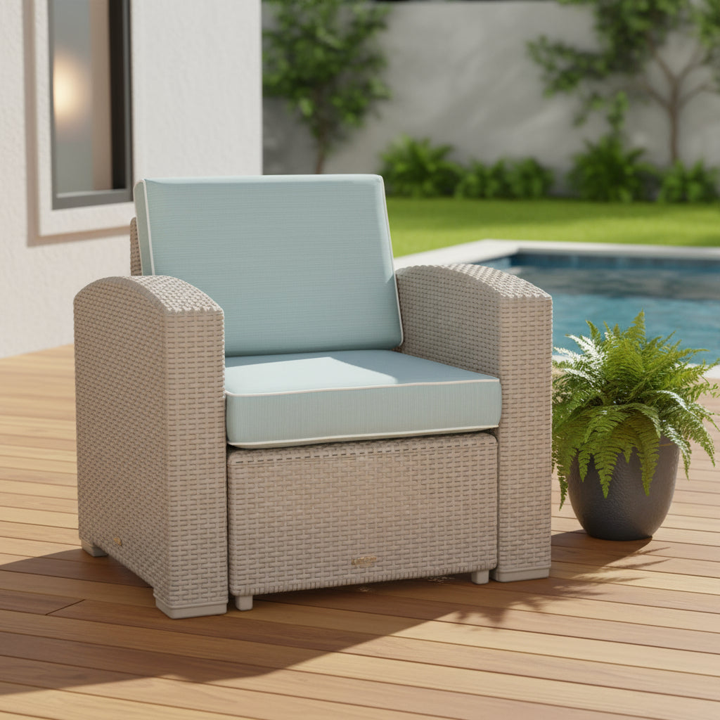 33 Gray Heavy Duty Plastic Outdoor Club Chair With Blue Cushion
