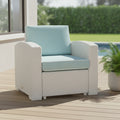 33 White Heavy Duty Plastic Outdoor Club Chair With Aqua Blue Cushion