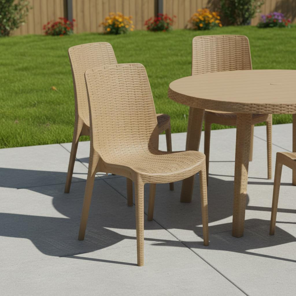 Set of Four Tan Heavy Duty Plastic Outdoor Stacking Dining Chairs