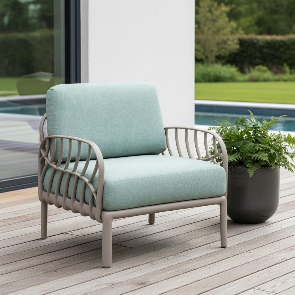 31 Gray Heavy Duty Plastic Outdoor Armchair With Sea Green Cushion