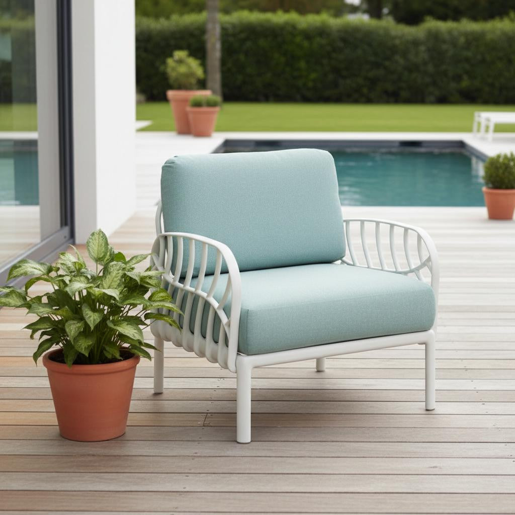 31 White Heavy Duty Plastic Outdoor Armchair With Sea Green Cushion