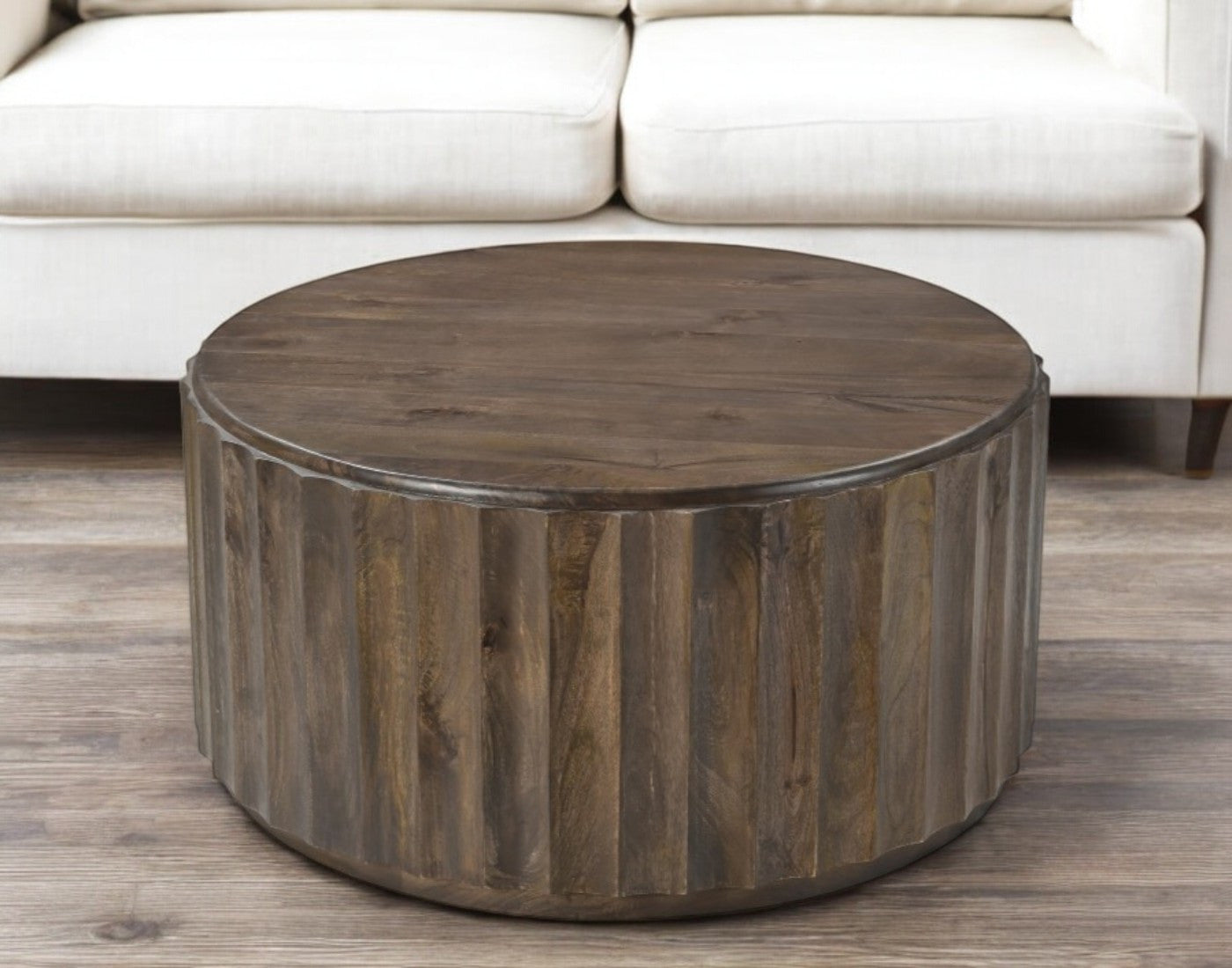36'' Brown Solid Wood Round Drum Coffee Table
