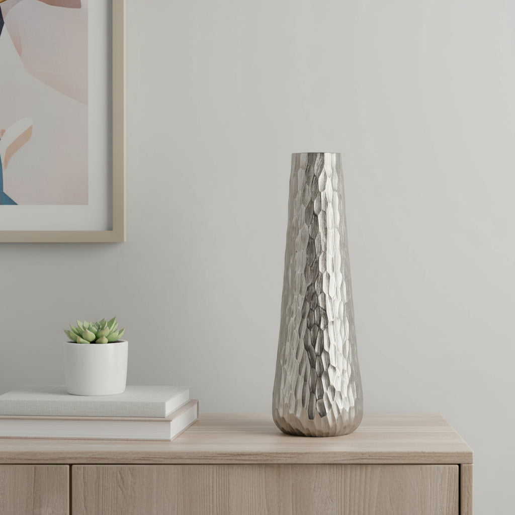 19 Silver Cast Aluminum Carved Geometric Table Vase