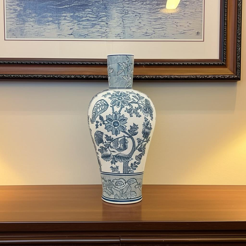 17 Light Blue And White Floral Round Porcelain Table Vase
