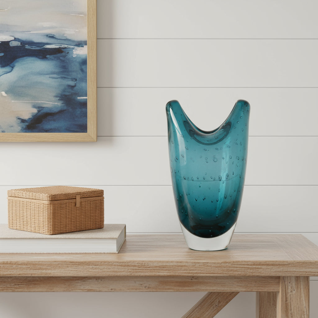 10 Cerulean And Clear Bubble Glass Oval Table Vase