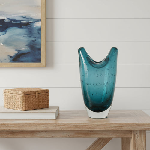 10 Cerulean And Clear Bubble Glass Oval Table Vase