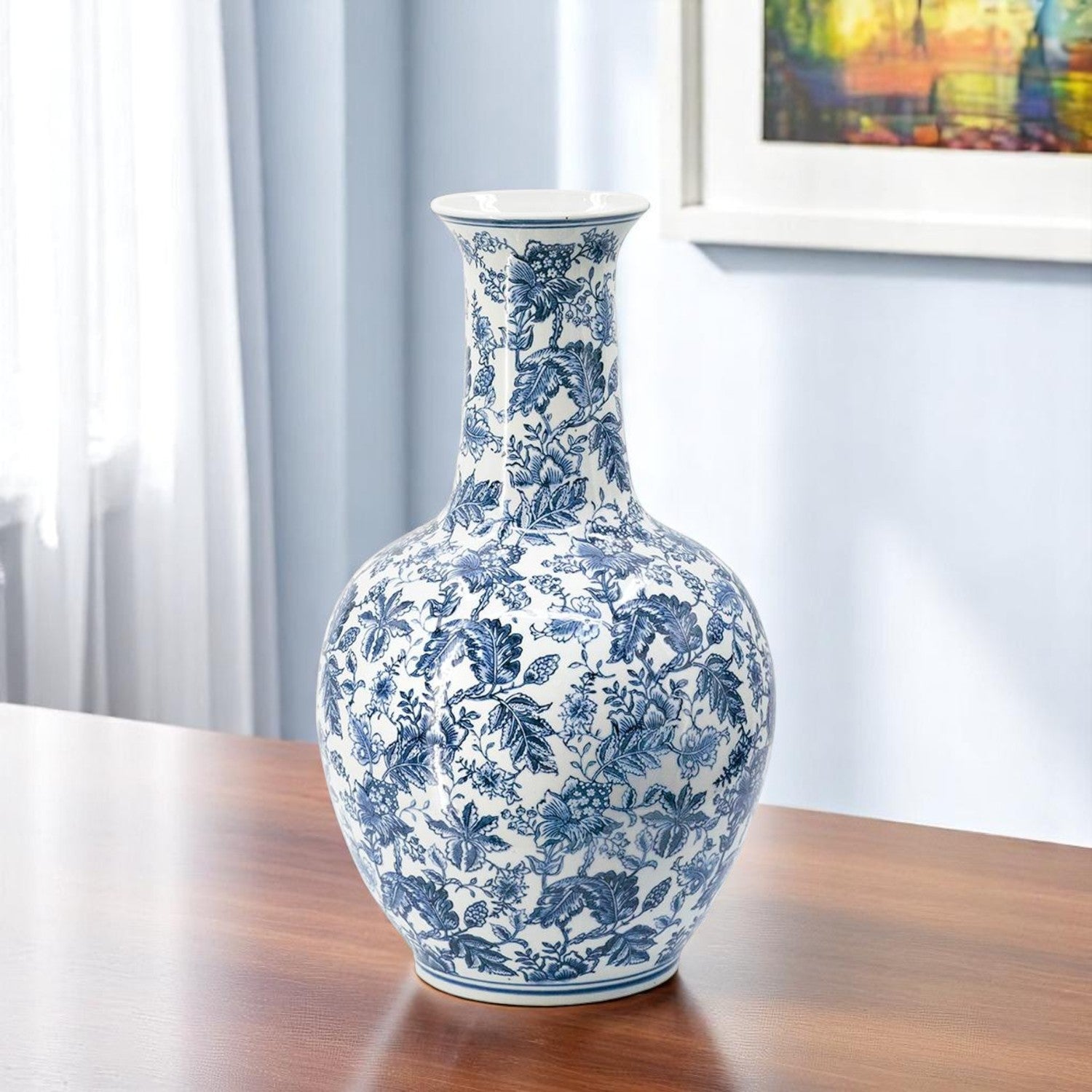 24'' Blue And White Floral Curved Porcelain Table Vase
