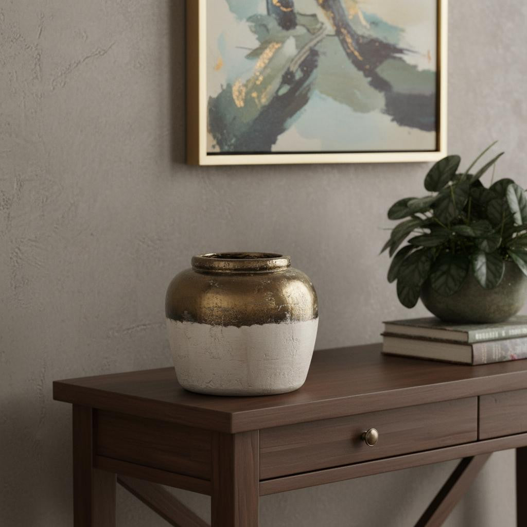 11 Antiqued Bronze And Light Gray Color Block Ceramic Round Table Vase