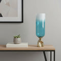 21 Blue White And Gold Ombre Glass And Aluminum Pedestal Table Vase
