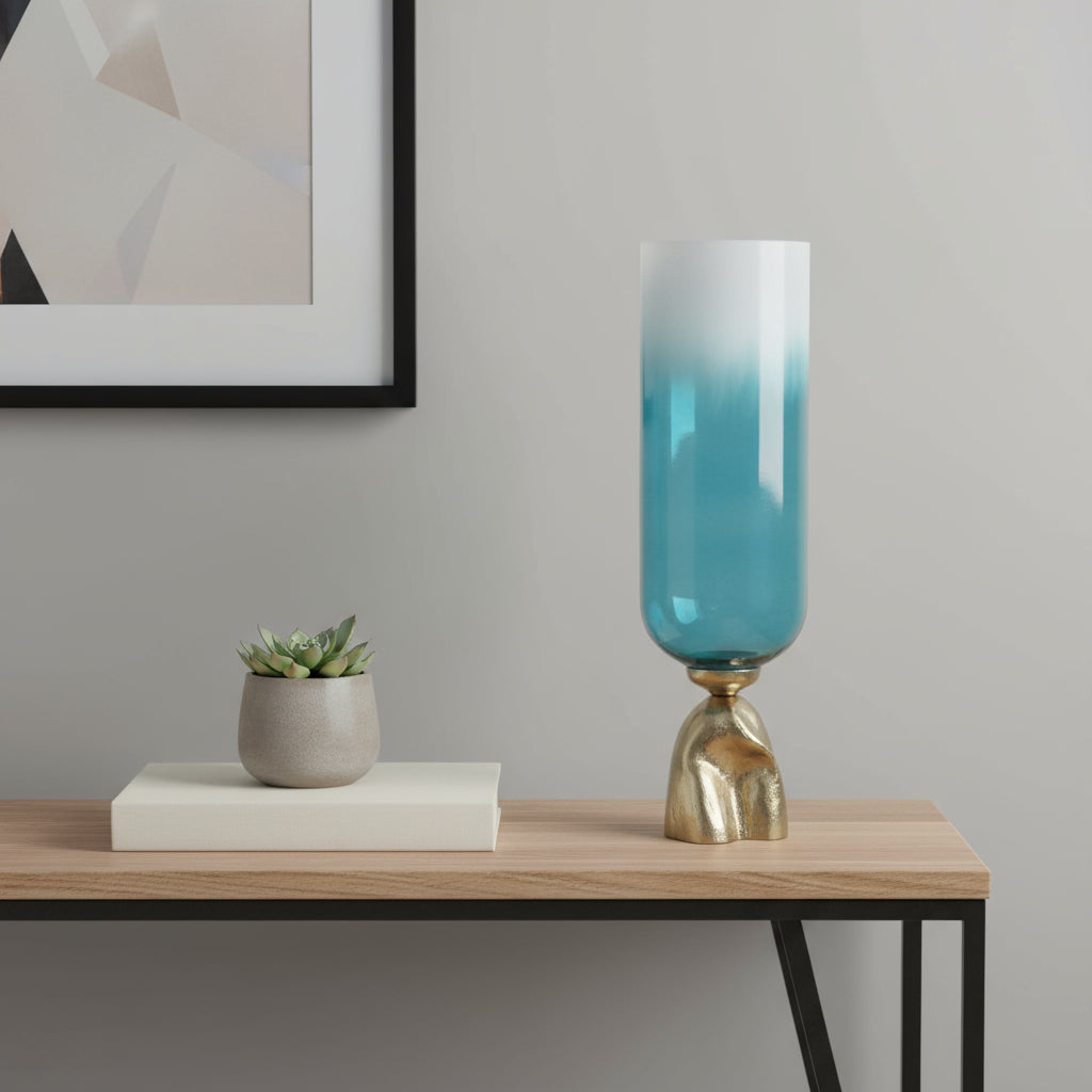 21 Blue White And Gold Ombre Glass And Aluminum Pedestal Table Vase