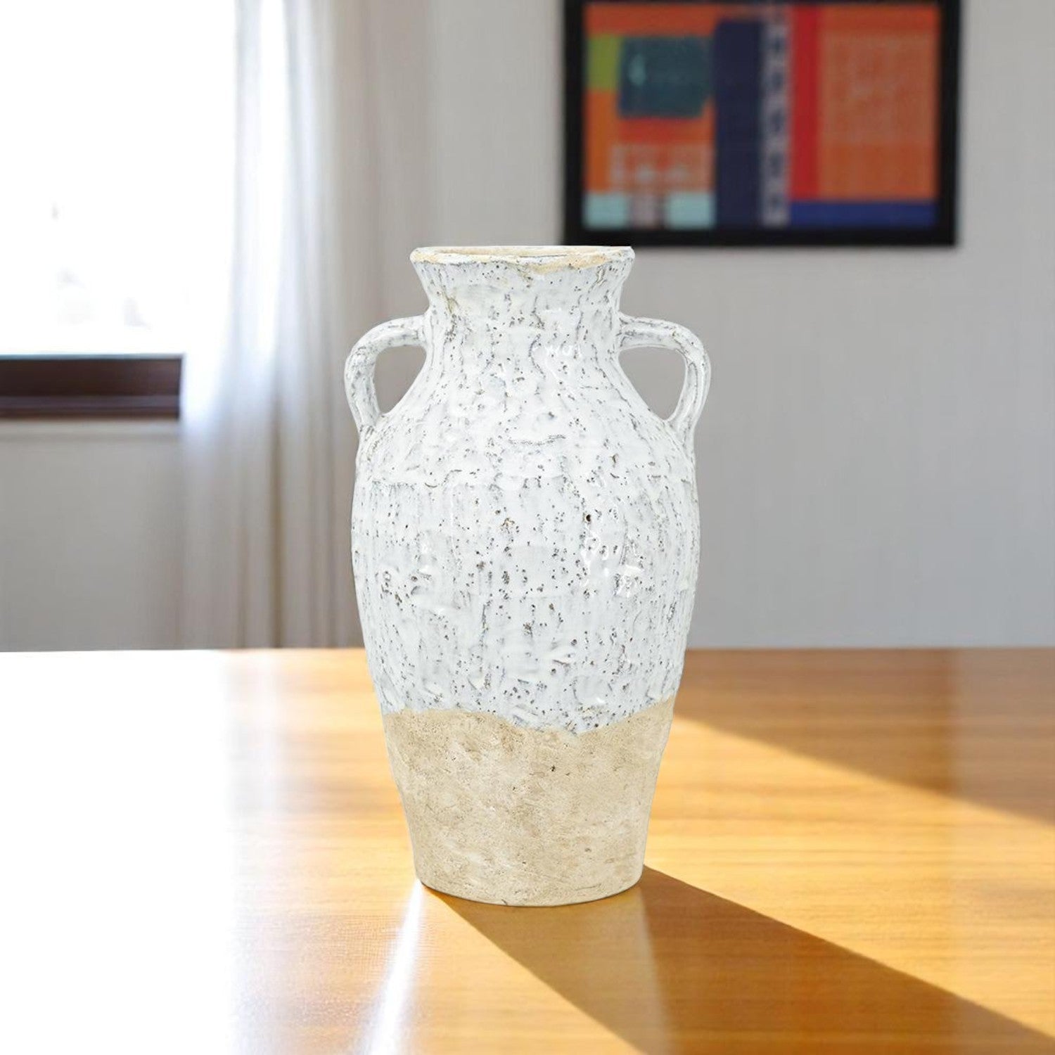 14'' Beige And Ivory Color Block Amphora Terracotta Table Vase