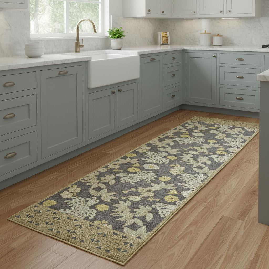 8 Ivory Brown and Gray Floral Power Loom Runner Rug